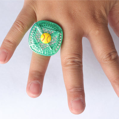 ST02 green youth girl softball tournament championship ring size 9.5 trophy on side