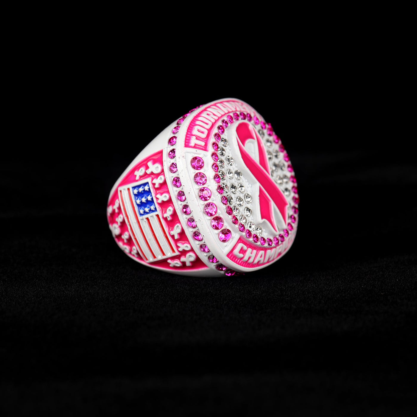 Seasonal fall breast cancer ribbon baseball team awards tournament championship white ring size 9.5 - Topsportsjewelry & awards