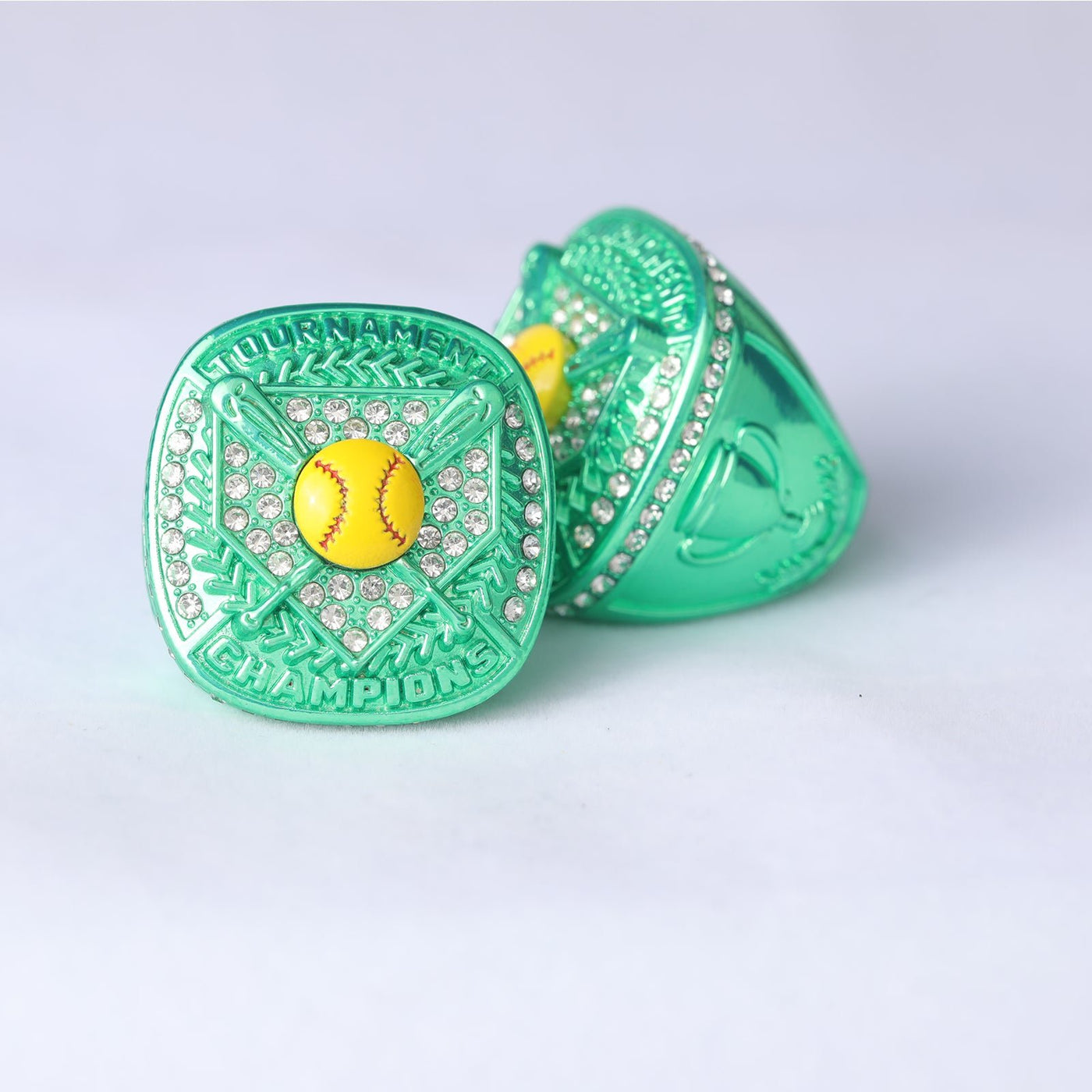 ST02 green youth girl softball tournament championship ring size 9.5 trophy on side - Topsportsjewelry & awards