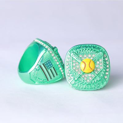 ST02 green youth girl softball tournament championship ring size 9.5 trophy on side - Topsportsjewelry & awards