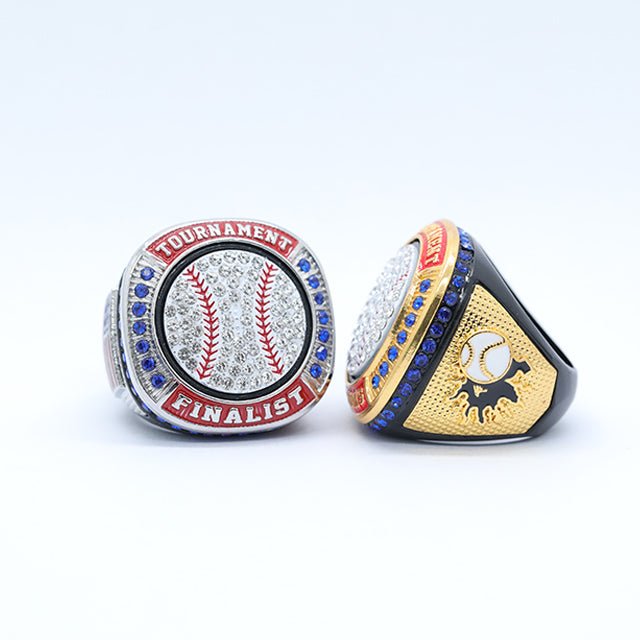 Black baseball tournament chanpionship ring gold and silver blue stones white ball - Topsportsjewelry & awards