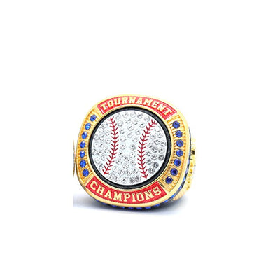 Black baseball tournament chanpionship ring gold and silver blue stones white ball - Topsportsjewelry & awards