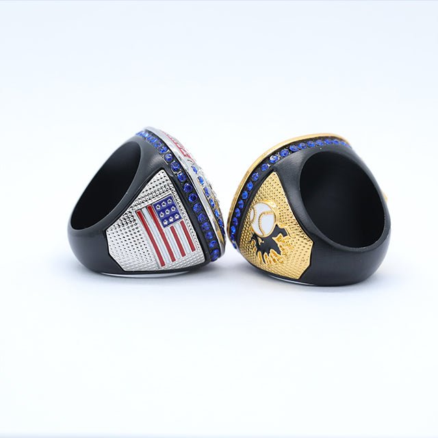 Black baseball tournament chanpionship ring gold and silver blue stones white ball - Topsportsjewelry & awards