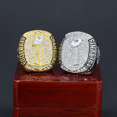 Fast shipping gold and silver plating zinc football championship rings with trophy on front clear diamonds size 11