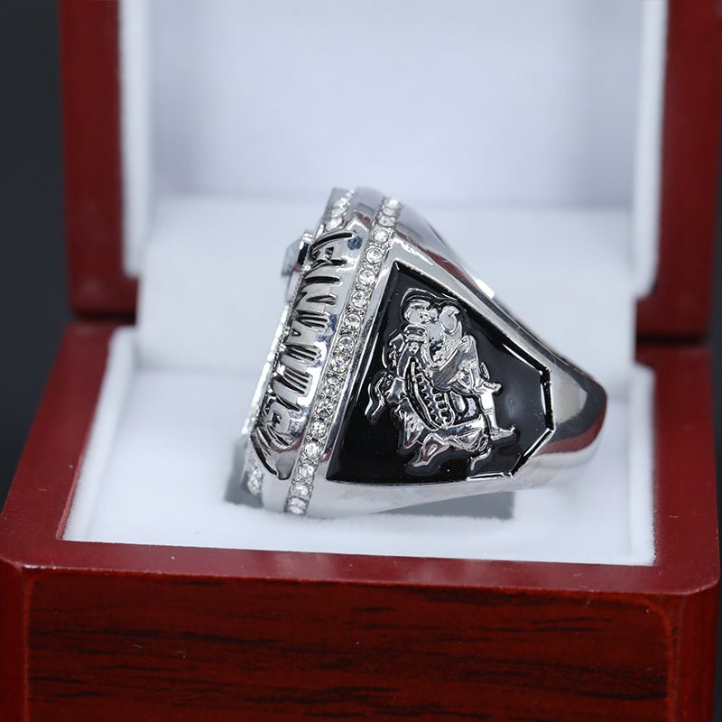 silver ring side with a football helmet and field black enemal paint - Topsportsjewelry & awards