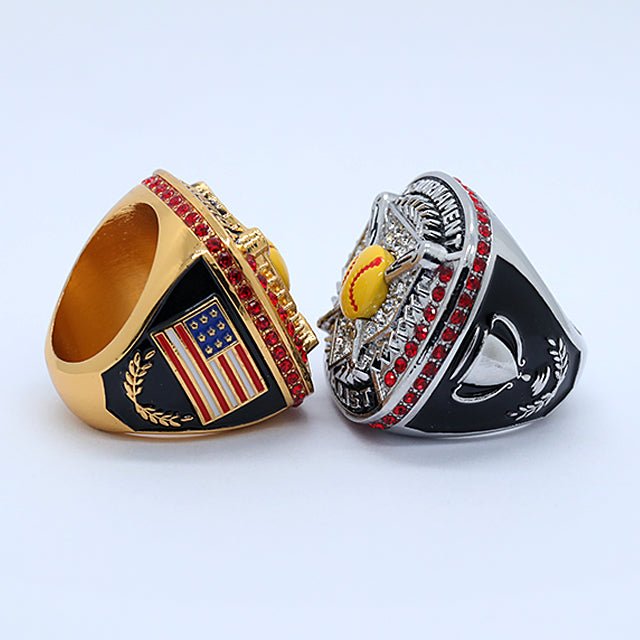 Home plate softball tournament championship rings USA flag and trophy on side - Topsportsjewelry & awards