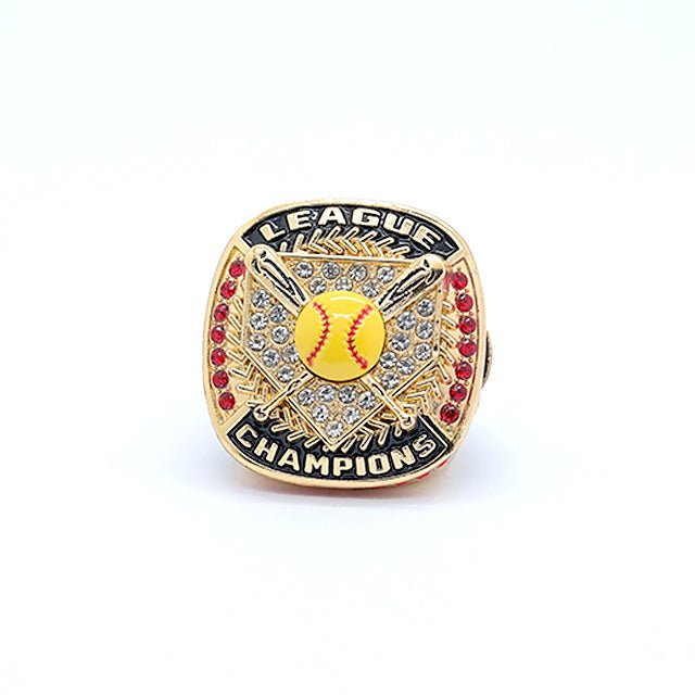 League softball gold and silver tourney championship rings yellow softball red diamonds size 9 - Topsportsjewelry & awards