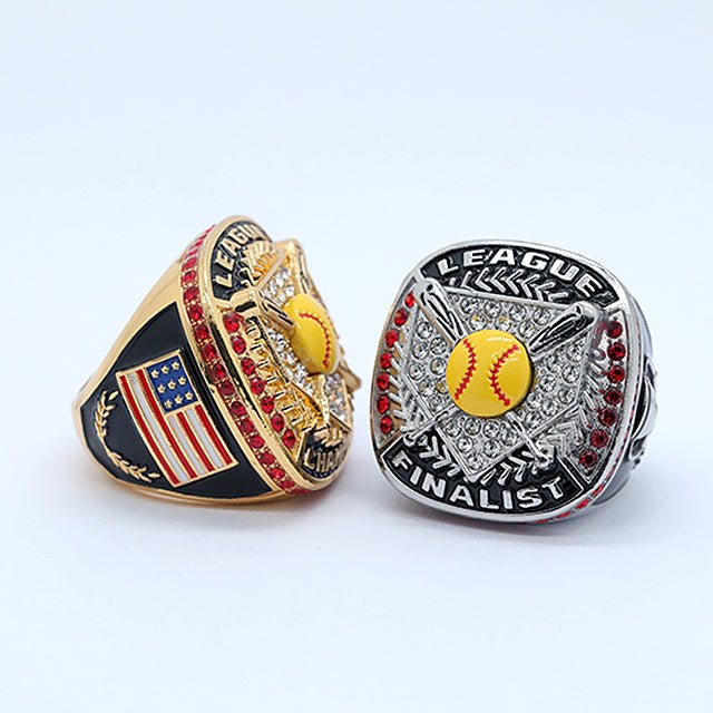 League softball gold and silver tourney championship rings yellow softball red diamonds size 9 - Topsportsjewelry & awards