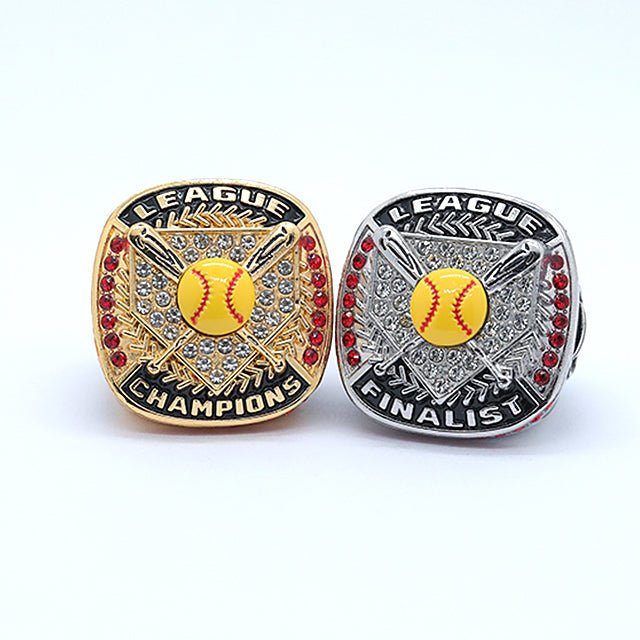 League softball gold and silver tourney championship rings yellow softball red diamonds size 9 - Topsportsjewelry & awards