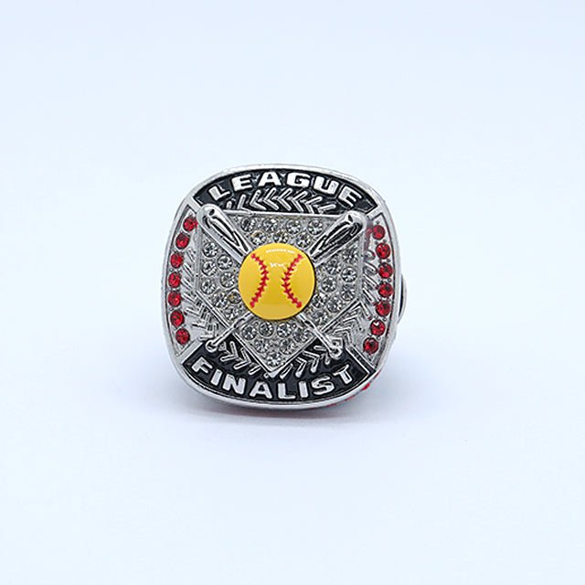 League softball gold and silver tourney championship rings yellow softball red diamonds size 9 - Topsportsjewelry & awards