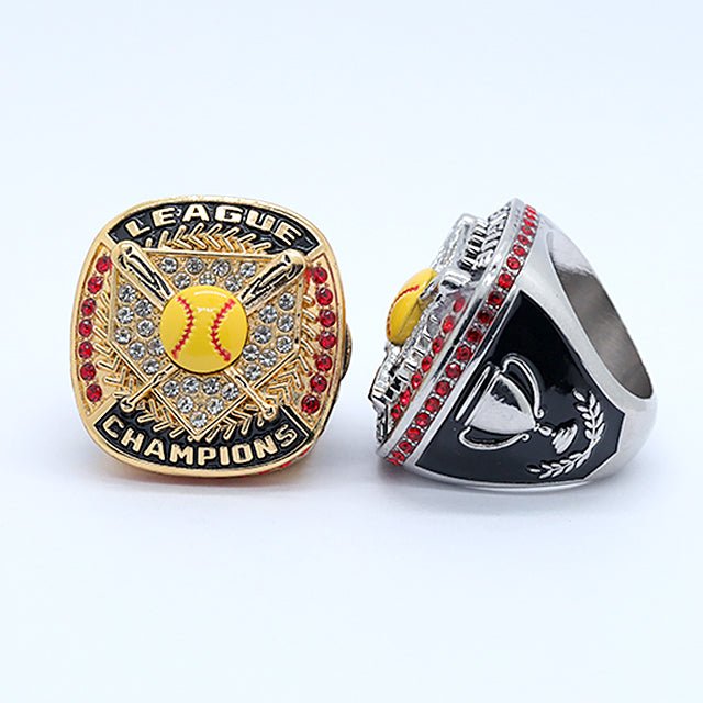 League softball gold and silver tourney championship rings yellow softball red diamonds size 9 - Topsportsjewelry & awards