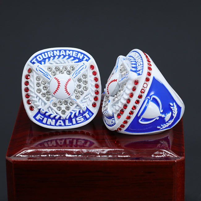 White blue enamel paint red stones youth baseball tournament championship ring - Topsportsjewelry & awards