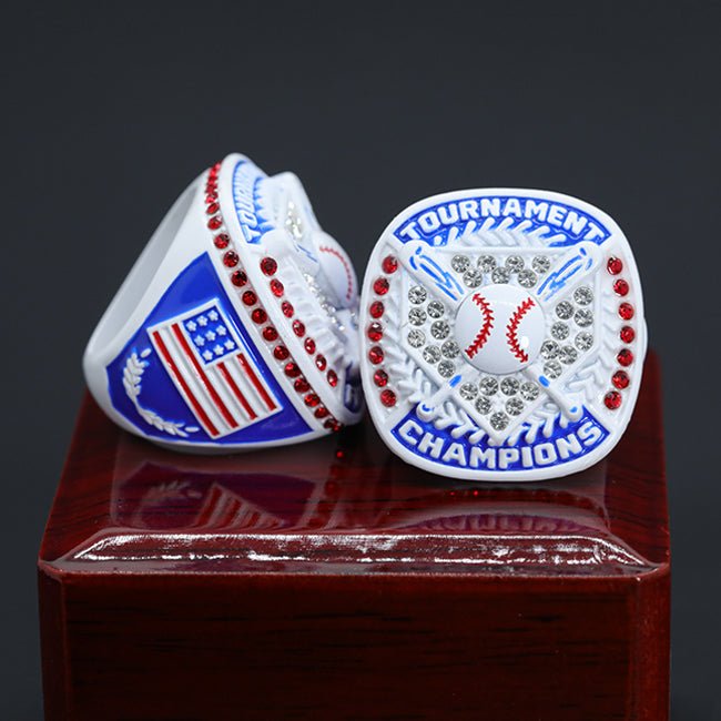 White blue enamel paint red stones youth baseball tournament championship ring - Topsportsjewelry & awards