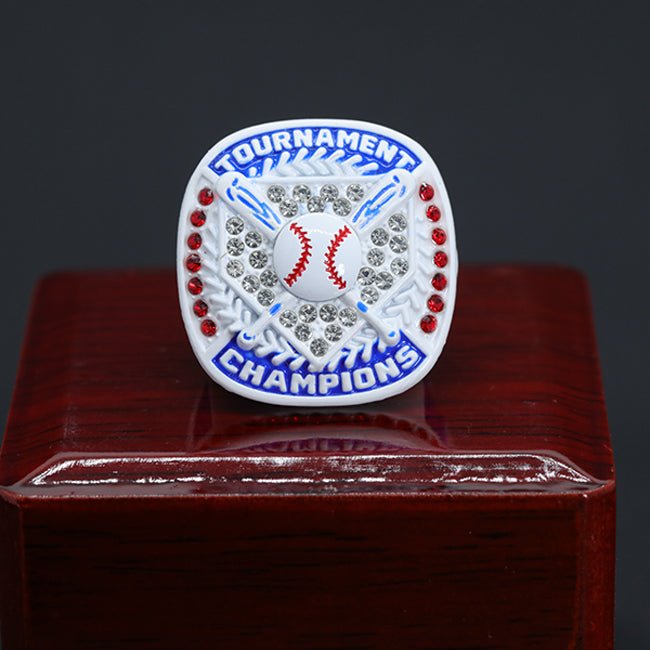 White blue enamel paint red stones youth baseball tournament championship ring - Topsportsjewelry & awards